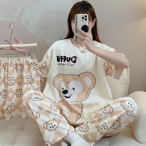 Wholesale High Quality Summer Short Sleeve Long Pants Women's Pajamas Set Comfortable <strong>Casual</strong> Loose Cartoon <strong>Home</strong> <strong>Wear</strong> - Product Image 4