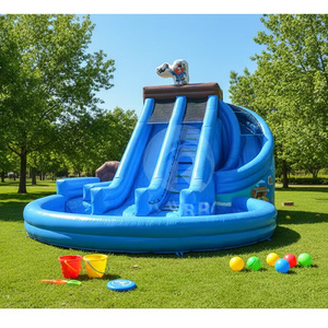 Toboggan aquatique gonflable commercial bleu marbre à double glissière, toboggan aquatique gonflable coloré avec piscine et arche - Product Image 4