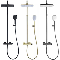 Mitigeur de douche thermostatique apparent à poignée unique avec jet pluie/massage carré, finition laiton brossé, design moderne complet