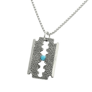 <b>Titanium</b> Steel Razor Blade Pendant With Turquoise Inlay Geometric Design Punk Retro Men's Necklace Everyday Wear - Product Image 5