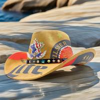 Chapeau de cowboy en paille marron personnalisé en gros, avec drapeau américain, ailes et étoiles, pour la fête du 4 juillet, fête de l'Indépendance, pour adultes
