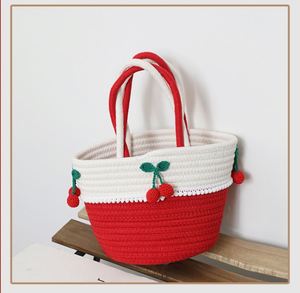 Handmade Cotton Thread Small <b>Bag</b> Cute Cherry Design Versatile <b>Straw</b> <b>Bag</b> for Women New Craft Woven <b>Bag</b> for Seaside Vacation - Product Image 6