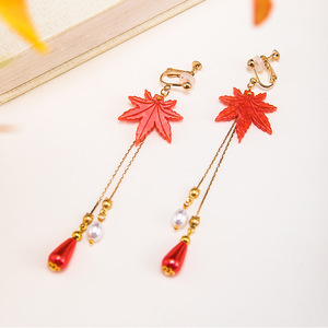 New Chinese style earrings, antique style women's ear <b>clips</b>, red maple leaf Chinese style tassel earrings, Hanfu accessories. - Product Image 2