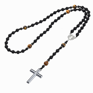 Kalung Salib Religius Klasik Trendi Unisex Obsidian Volcanic Tiger's Eye Hematite Pearl Hadiah Eropa Terbaru Terbaik - Product Image 2