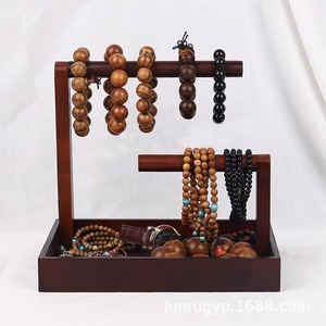 <b>Solid</b> <b>Wood</b> Bracelet And Necklace Holder 2 Tier Jewelry Display <b>Desk</b> Organizer For Buddhist Beads And Cultural Artifacts - Product Image 2