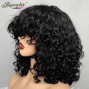 Drop Shipping Virgin Hair Vendors Wholesale Jet Black Indian Hair,12Inch #N Luxury Curl Short Bob Wig With Bangs For Black Women