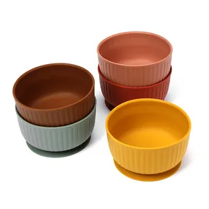 Custom Collapsible Soft Feeding Suction Non-slip Kids Training Tableware Food Grade Supplement Stripe Silicone Bowl For Baby