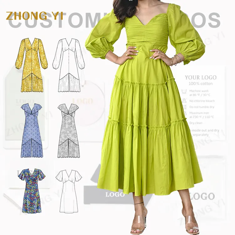 Temperament Ladies Autumn Cotton Long Sleeve High Waist V Neck Land Green Midi Dress Splicing Ladies Casual Long Dresses