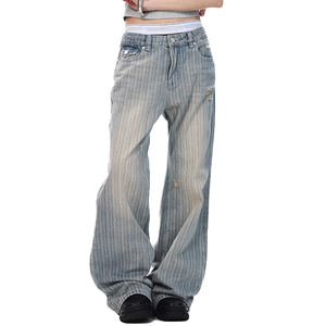 Jean en denim déchiré bleu moyen pour homme, 100 % coton, taille mi-haute, coupe ample décontractée, style streetwear vintage - Product Image 1