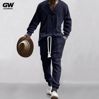 Ensemble deux pièces décontracté en coton tricoté pour homme grande taille, chemise à manches longues col en V respirante unie confortable pour l'automne
