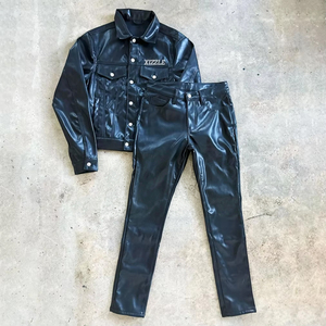 Custom Distress Patch Streetwear Fashion Jogging Two Piece Button Leather Jackets and Pu Stacked <b>Pants</b> Set Men Tracksuit - Product Image 1
