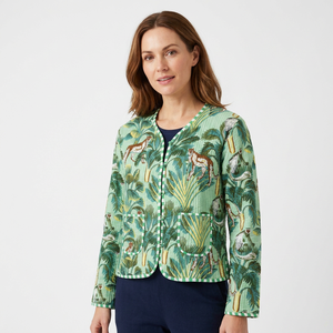 Kimono court en coton matelassé pour femme, style jungle, ouverture devant, imprimé rayé, bordure à paillettes, motif décontracté, bouton, tissu tricoté, lavé - Product Image 1