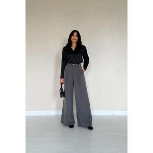 Pantalon élégant taille haute à jambes larges en crêpe fumé infroissable pour femme - Product Image 4