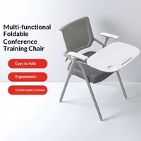 Chaise de formation et de réunion pliable en maille avec tablette d'écriture, accoudoirs rotatifs et empilables, structure métallique pour bureaux et salles de conférence