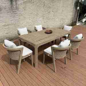 Ensemble de table et chaises de salle à manger en bois de teck Hangkai avec tressage en rotin PE, tables en bois, 6 chaises - Product Image 1