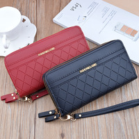 Tas Clutch Wanita Panjang Motif Geometris dengan Ritsleting Ganda, Modis, Kapasitas Besar, Dompet Ganda, Tempat Uang Receh dan Ponsel, Bahan Poliester