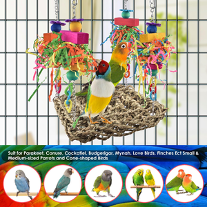 Juguete de red para pájaros GSF hecho a mano con hierba tejida, juguete de red para masticar para loros con 3 cuerdas de madera para morder - Product Image 4