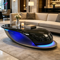 Table Basse Moderne Personnalisée en Résine Brillante Courbée, Durable, Écologique, Style Européen, avec Porte-Revues et Éclairage LED pour Salle à Manger et Hôtel