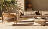 Fauteuil de jardin en teck vieilli et rotin avec coussin en tissu, design moderne, chaise longue Nusa Teak