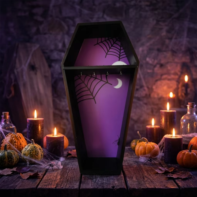 Coffin Shelf Shadow Box Jewelry Display Case Spooky Pine Wood Goth Decor Black Hanging Halloween 1 Removable Board OEM Size