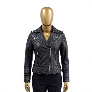 Chaqueta de Motociclista Personalizada para Mujer, Negra, de Cuero Vacuno Genuino, Invernal, Transpirable, con Cuello Mao Acolchado y Hombros Asimétricos - Product Image 1