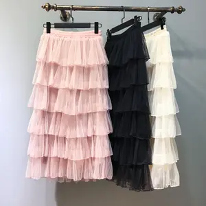 लंबी स्कर्ट महिलाओं उच्च कमर Ruffles मैक्सी स्कर्ट आरामदायक देवियों Streetwear टूटू स्कर्ट गेंद पजामा ग्रीष्मकालीन रंगीन परतों Tulle केक
