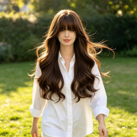 Porte une perruque bouclée brune chaude, accompagnée de franges légères et volumineuses. Convient pour un usage quotidien et des looks décontractés.