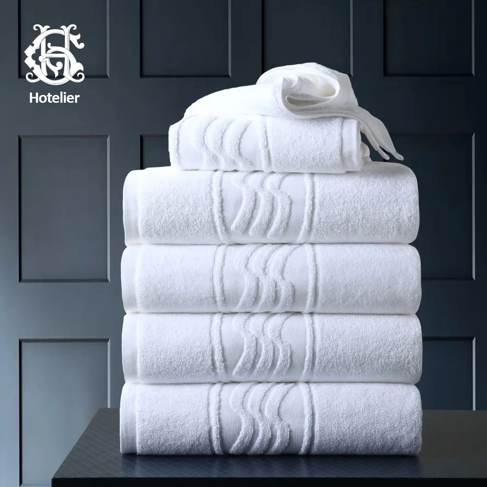 Hotelier Bộ Khăn Tắm Spa Khách Sạn 5 Sao Sang Trọng Bằng Vải Cotton Hữu Cơ 100% Màu Trắng Tinh Khiết Với Logo Tùy Chỉnh