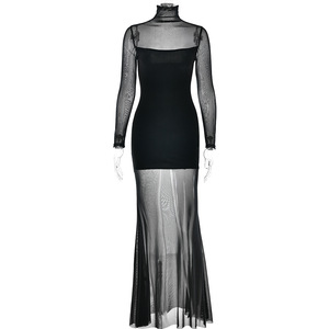 European American Style 2025 Spring Mesh <b>Patchwork</b> Long Dress Women High Neck Full Sleeve Translucent Evening Dress - Product Image 5