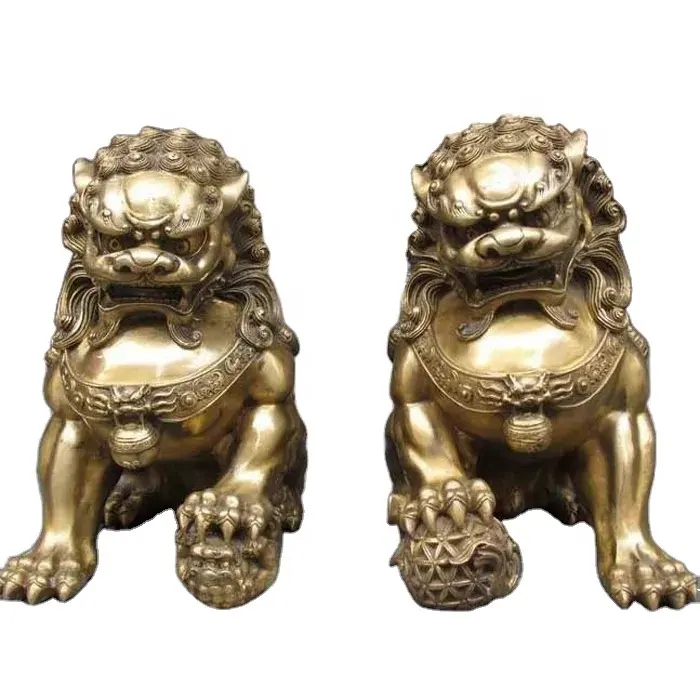 Ecojas Gouden Kleur Bronzen Foo Hond Sculptuur Chinese Leeuwen Foo Hond Bronzen Dierenbeeld Sculpturen Voor Ingangsdecoratie