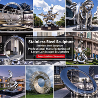 Fabricant de sculptures en acier inoxydable sur mesure, Grand aménagement paysager métallique circulaire extérieur pour campus, Scène aquatique en forme de ruban