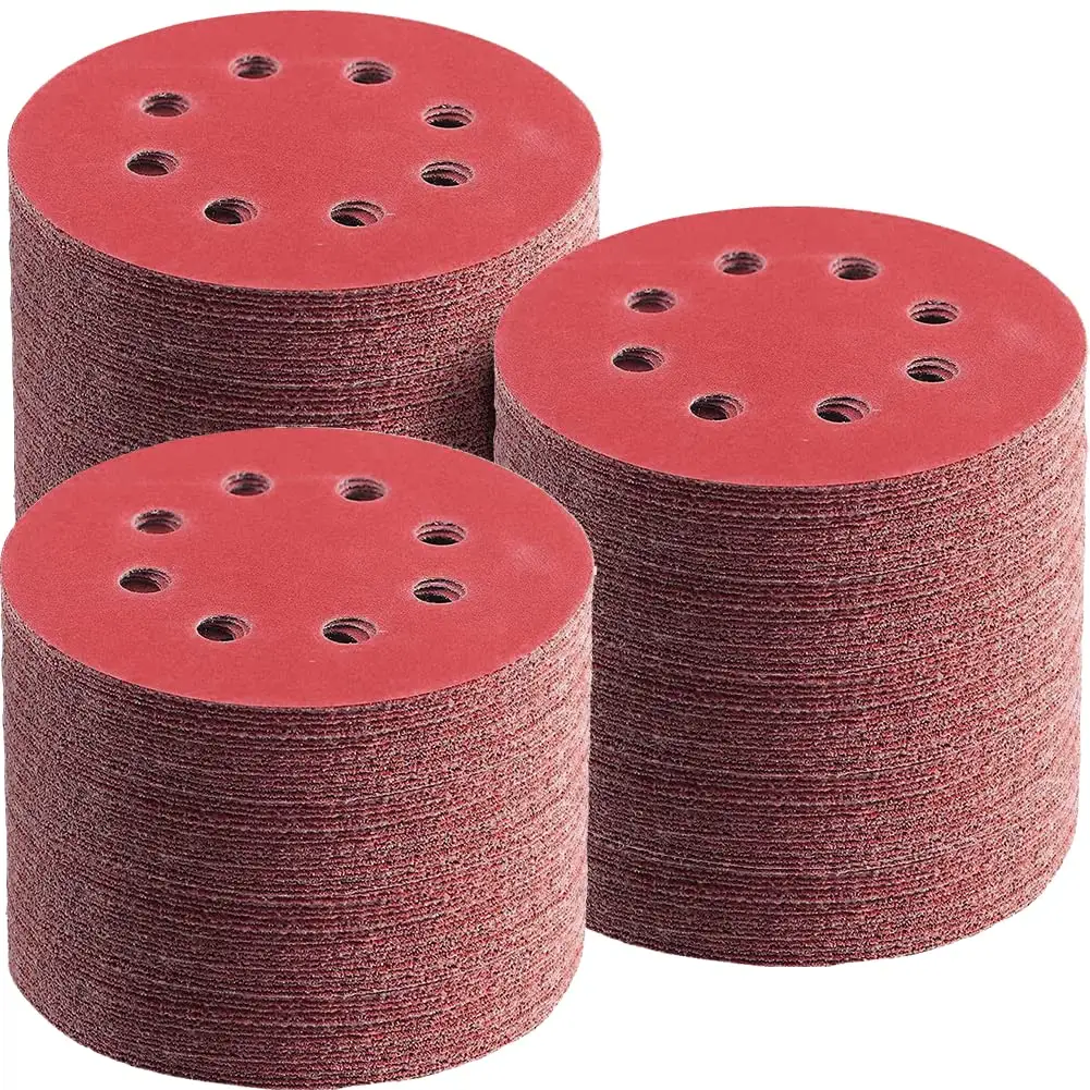 PEX Wholesale Price 150mm 8 holes Wet Dry Red Paper Base Hook and Loop Wood Sanding Discs Aluminium Oxide Sandpaper
