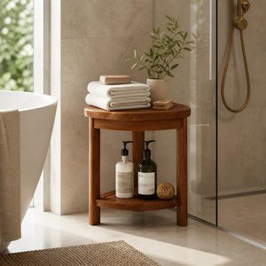 Tabouret de salle de bain triangulaire en teck, double niveau, siège de douche en bois massif, banc de rangement d'angle, chaise basse - Product Image 2