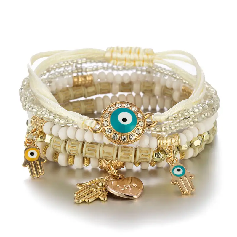 WBB008 Ensemble de bracelets bohème multicolores en perles multicouches extensibles empilables mauvais œil Hamsa Bracelet à breloques en forme de cœur pour femme