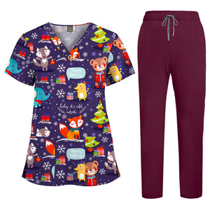 Conjuntos de Uniformes Médicos con Cuello en V y Estampado de Dibujos Animados 64001, Pantalones Rectos de Color Sólido, Tela Tejida de Spandex/Poliéster, Unisex - Product Image 5