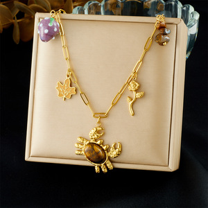 European American Style Stainless Steel Tiger Eye <b>Crab</b> Pendant Necklace With Maple Leaf Rose Charms Cartoon Animal Zodiac - Product Image 1