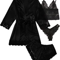 Ensemble de pyjama sexy en satin multi-pièces avec nuisette à col en V, manches trois-quarts et taille élastique en dentelle
