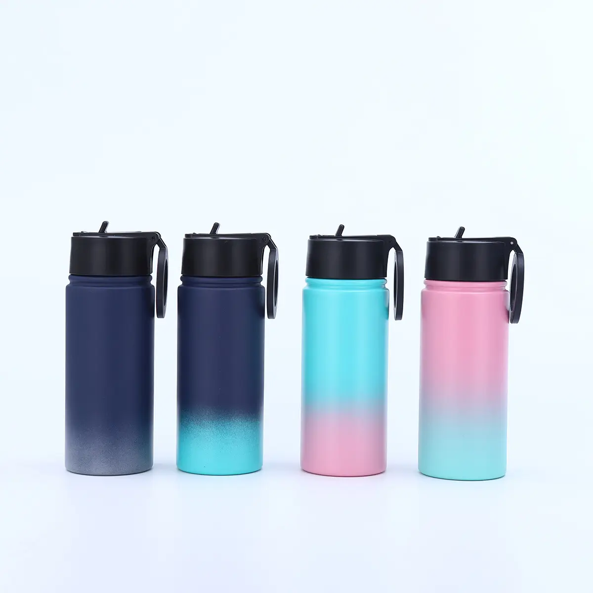 Classic Blue Pro Custom Handvat Platte Slimme Waterfles In Pu Lederen Case Travel Tumbler Met Telefoonhouder