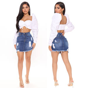 Mini jupe en <span class=keywords><strong>jean</strong></span> déchiré pour femmes, 1 pièce, taille haute, irrégulière, courte, en Denim, jupe Sexy, vente en gros - Product Image 4