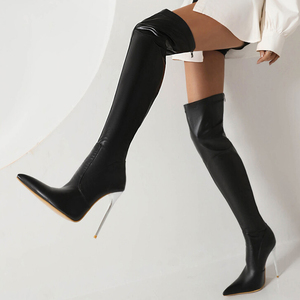 Bottes hautes pour femmes, grande taille 46, argentées, à talons fins, au-dessus du genou, sexy, coupe large, style habillé, talon aiguille, fermeture éclair arrière, bottines longues - Product Image 5