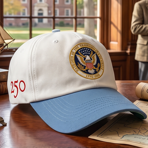 Gorra Personalizada para el 250 Aniversario, MOQ Bajo, OEM ODM, Parche con Sello de Águila Bordado, Dos Tonos Azul y Blanco, Estructurada de 5 Paneles - Product Image 3