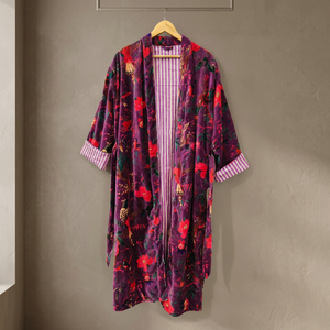 Kimono en velours imprimé floral violet, écologique, pour femmes, manches trois quarts, fermeture enveloppante, robe kimono, vêtements d'hiver et de printemps - Product Image 5