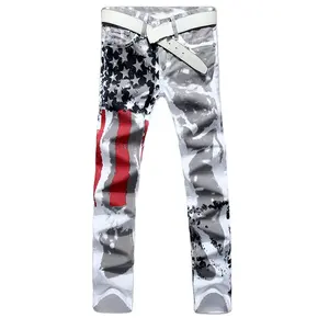 Mannen Casual Amerikaanse Usa Vlag Gedrukt Jeans Heren Graffiti Print Wit Hip-Hop Mode Broek Slim Fit Broek Y10907