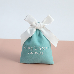 Aqua Blue 7x9 cm Drawstring Velvet Flannel Jewelry Pouch Bag Gift Dust Bag with <b>Ribbon</b> for Storage or Presentation - Product Image 6