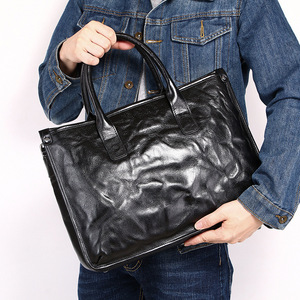 Men's Genuine Leather <b>Briefcase</b> 15.6 Inch Business Travel Handbag Durable Solid Color Black - Product Image 1