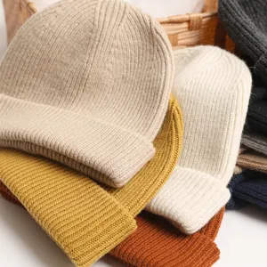 Gorro para inverno feminino, gorro de malha com cores sólidas, para uso personalizado, 100% de lã pura