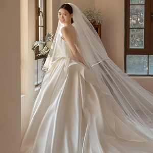 Satin Wedding Dress Ball Gown Strapless Natural Waist <b>Floor</b> Length Train Gown Simple Style For Summer - Product Image 1