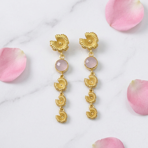 Designer jewelry round cut hydro quartz chalcedony gemstone dangler earring brass 18k gold plated flower <b>drop</b> statement earrings - Product Image 6