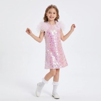 Gaun Pesta Anak Perempuan Berkilau Warna Pink Payet Iridescent Tulle Ruffle Puff Sleeve Shift Putri Ulang Tahun Balita Grosir