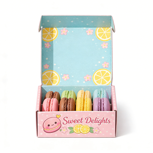 Boîte d'abonnement alimentaire pour macarons, emballage en carton ondulé B/E, option auto-scellante, personnalisable - Product Image 1